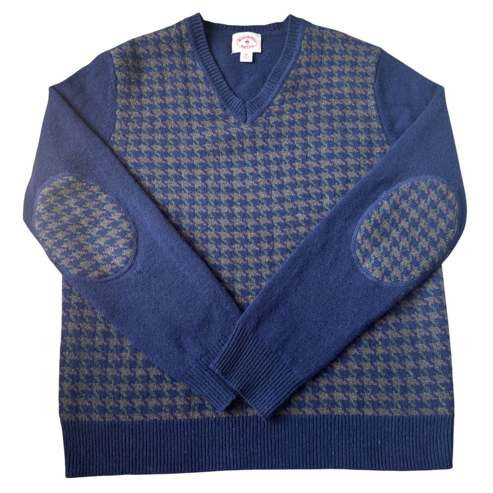 Red Fleece Brooks Brothers Wool Houndstooth Sweater M Elbow‎ Patch Academia